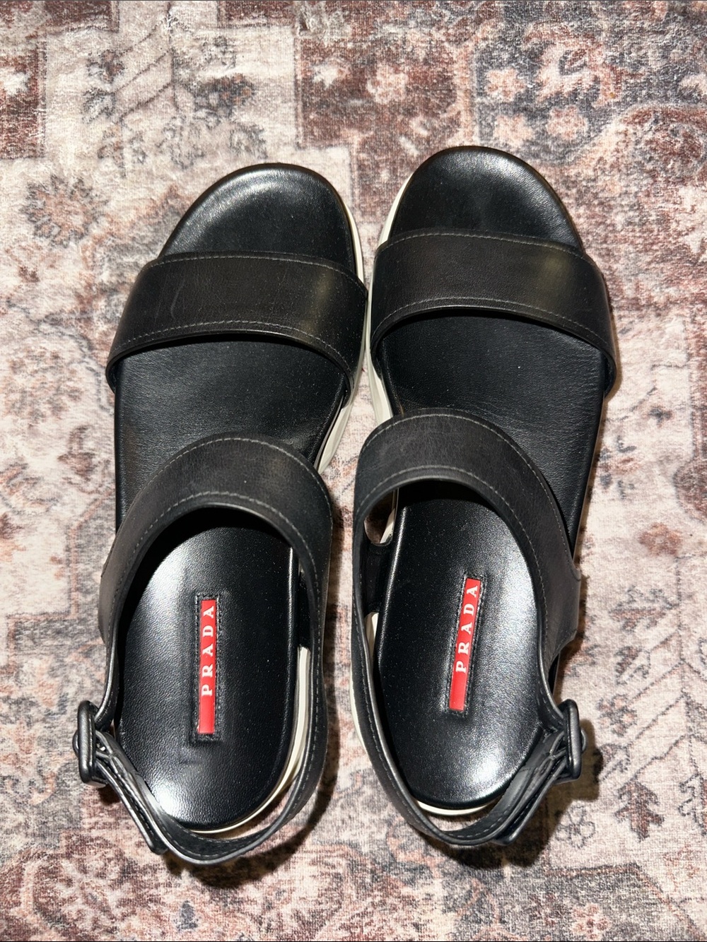 Prada Black Leather Sandals with Red Logo Accents